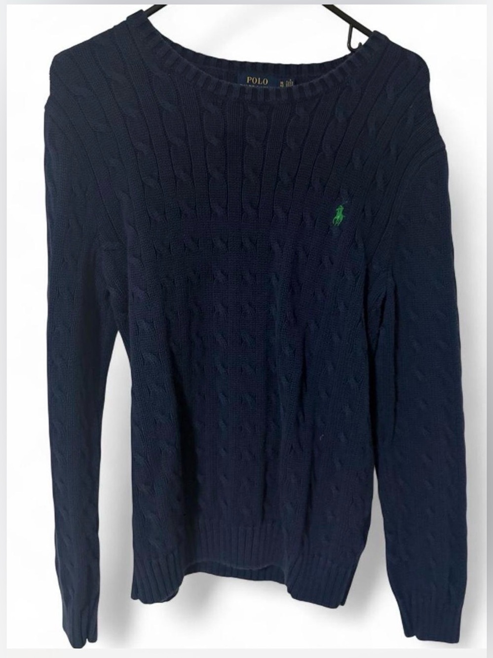 Ralph Lauren Navy Cable Knit Crewneck Sweater with Green Pony Logo